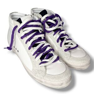 P448 John Skate Leather High Top Zip Sneakers White Black Purple Laces Size 42